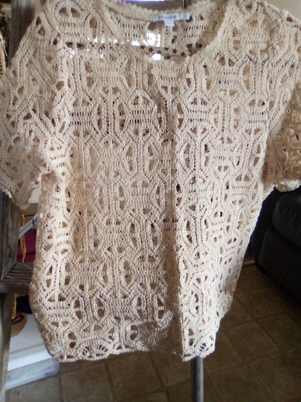 Chico's Openwork Crochet Short Sleeve Top - Cream